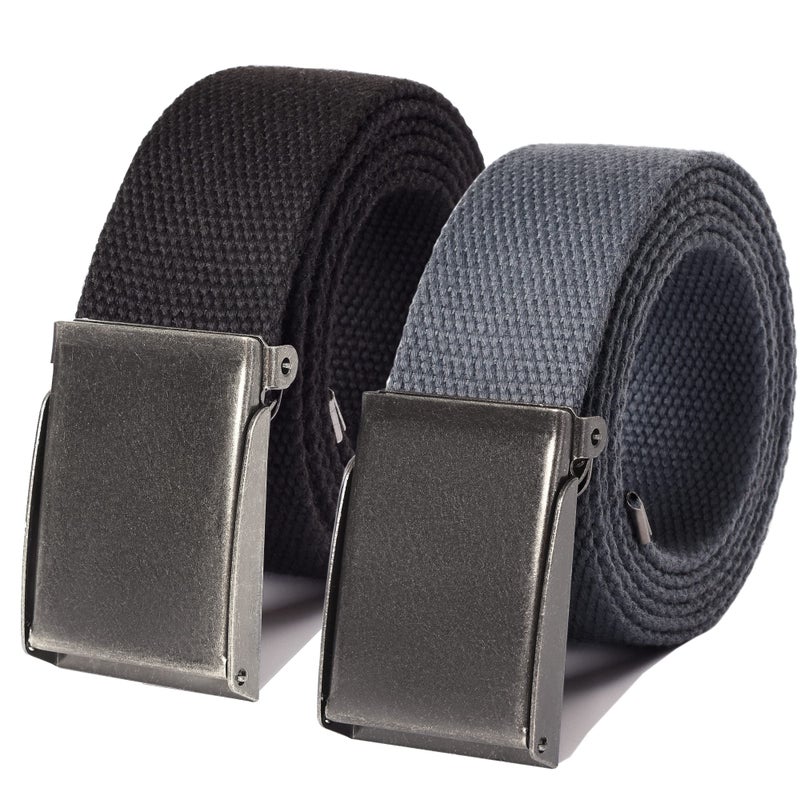 Mile High Life Canvas Web Belt | Cut to Fit Up to 52" | Flip-Top Matte Silver Nickel Buckle (2 Pack Black/Dark Gray) - Image 1